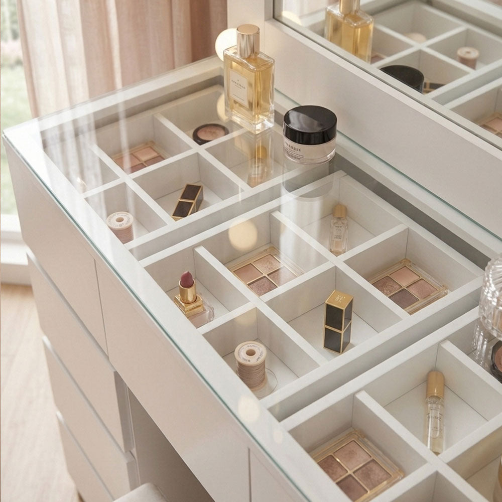 Makeup organizer with various cosmetic items on a white surface