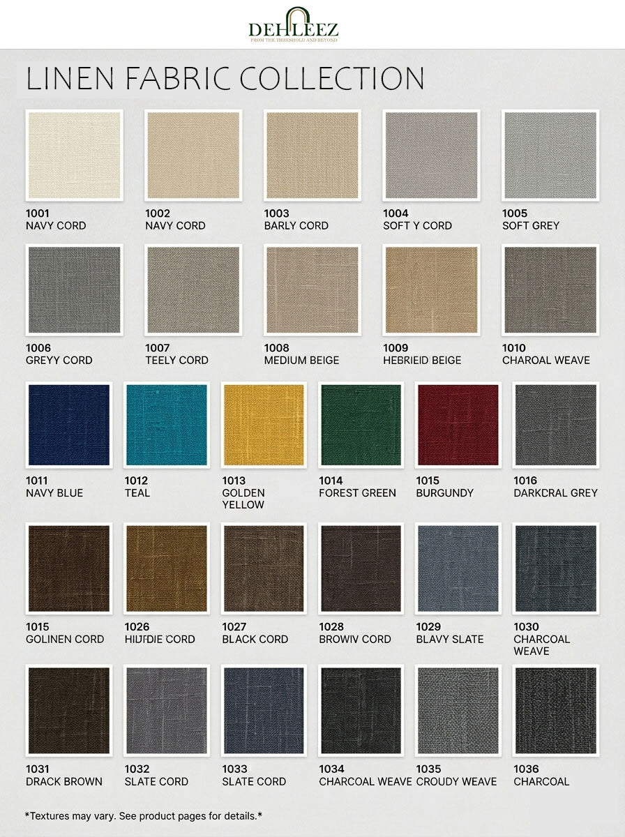 Dehleez linen fabric collection with various color swatches.