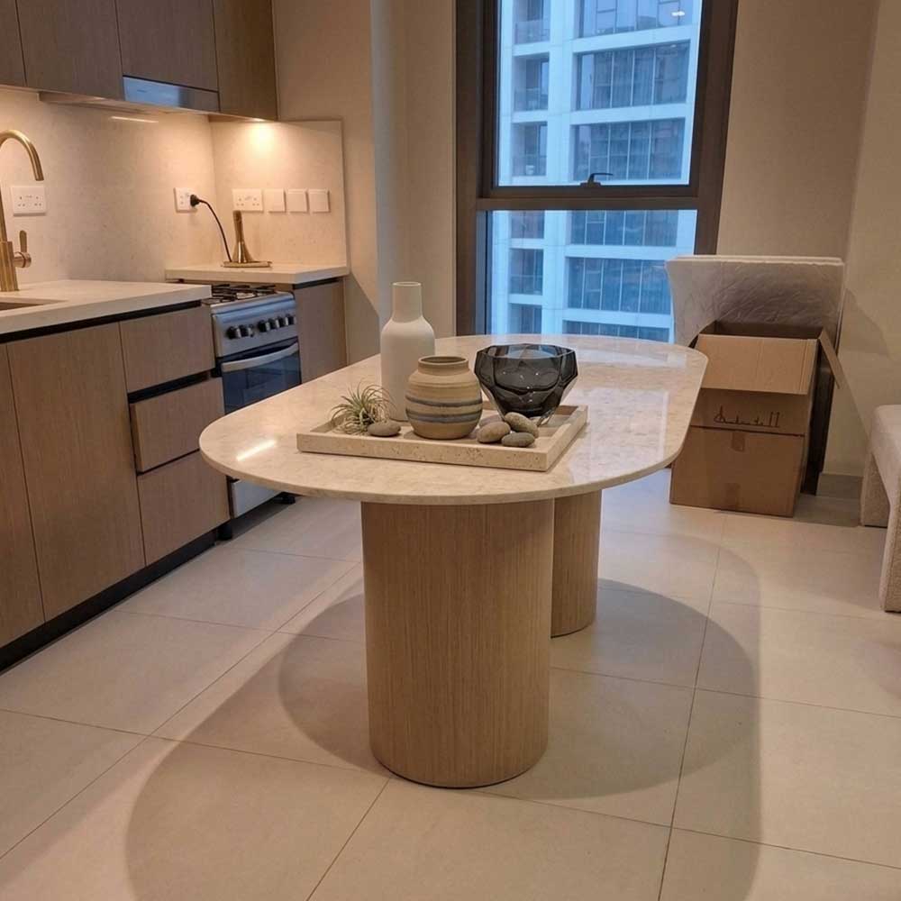 Verona Travertine Dining Table With Wooden Base