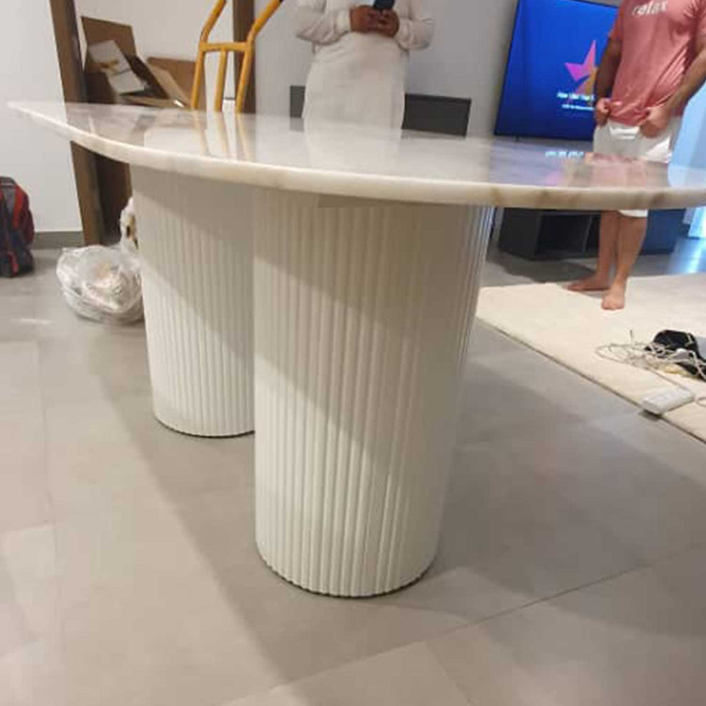 Fluted 6 Seater Marble Dining Table With White Wood Base