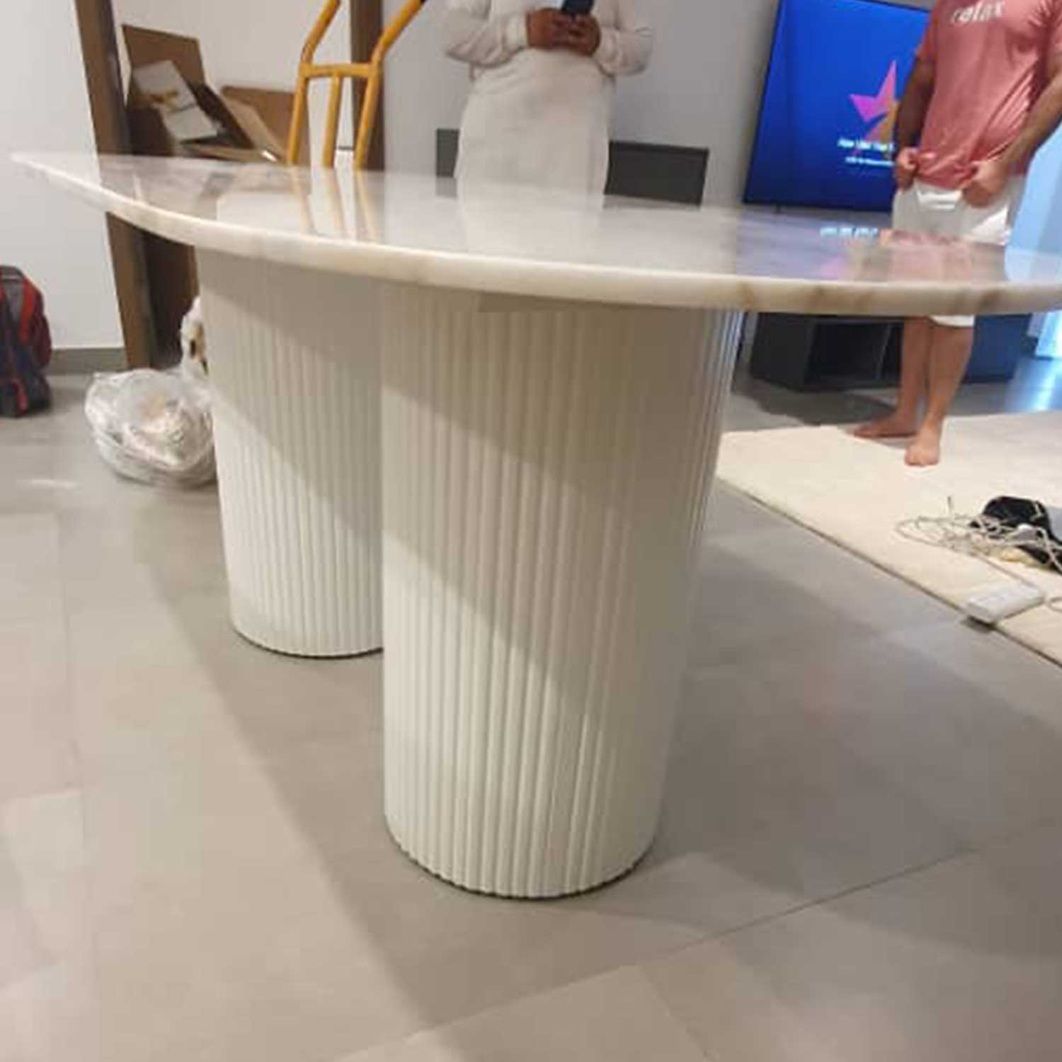 Fluted 6 Seater Marble Dining Table With White Wood Base