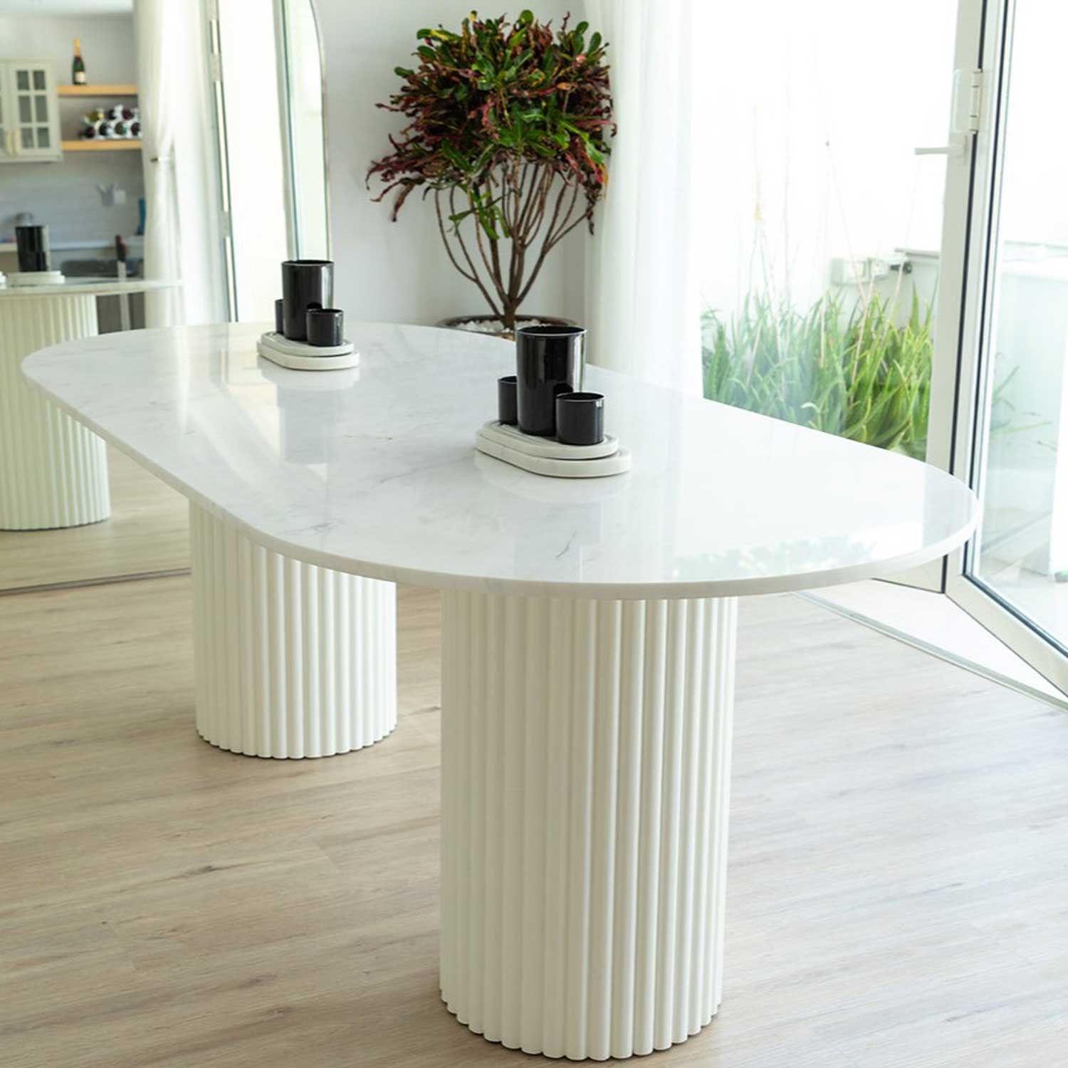 Fluted 6 Seater Marble Dining Table With White Wood Base