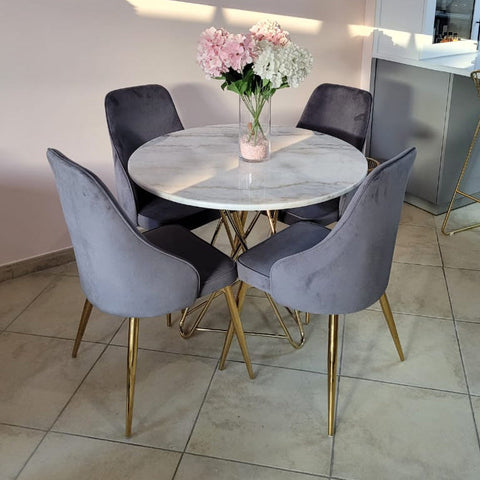 Tetris 90cm White Marble Dining Set 4 Grey Chairs