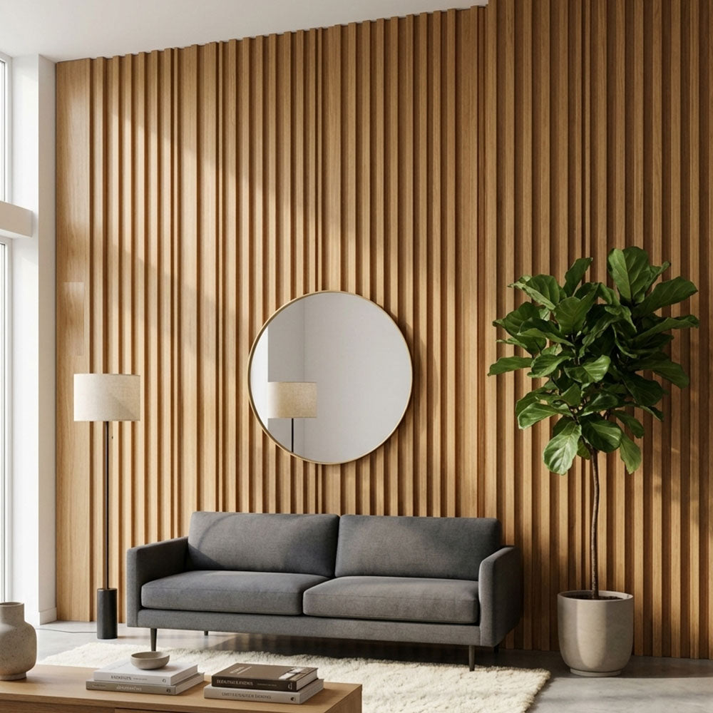 Modern living room with a gray sofa, round mirror, and wooden wall.