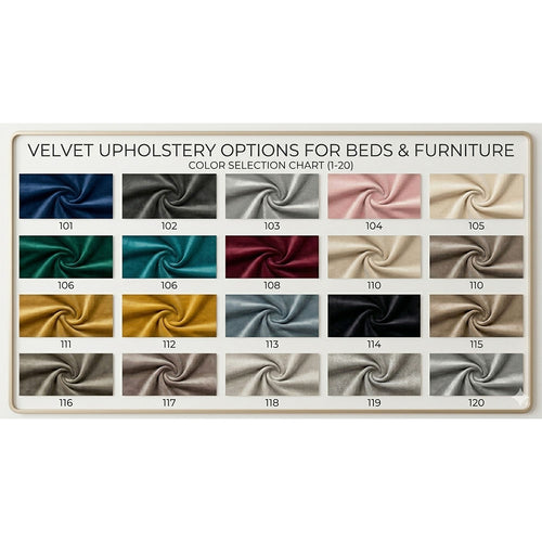 Color selection chart for velvet upholstery options on beds and furniture.