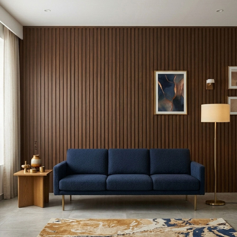Ble Velvet sofa in front of Dark wood fluted Pvc Panels