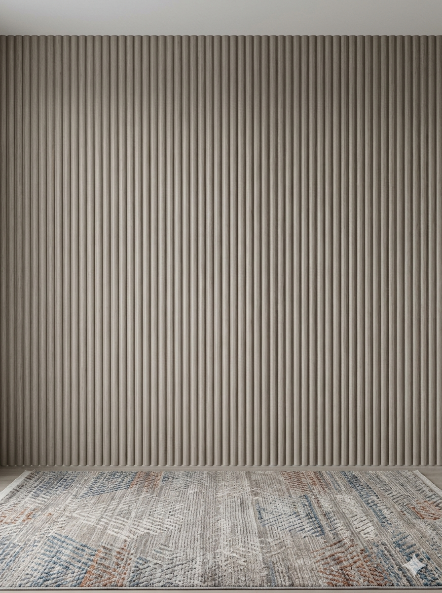 Textured wall paneling with a patterned rug on the floor
