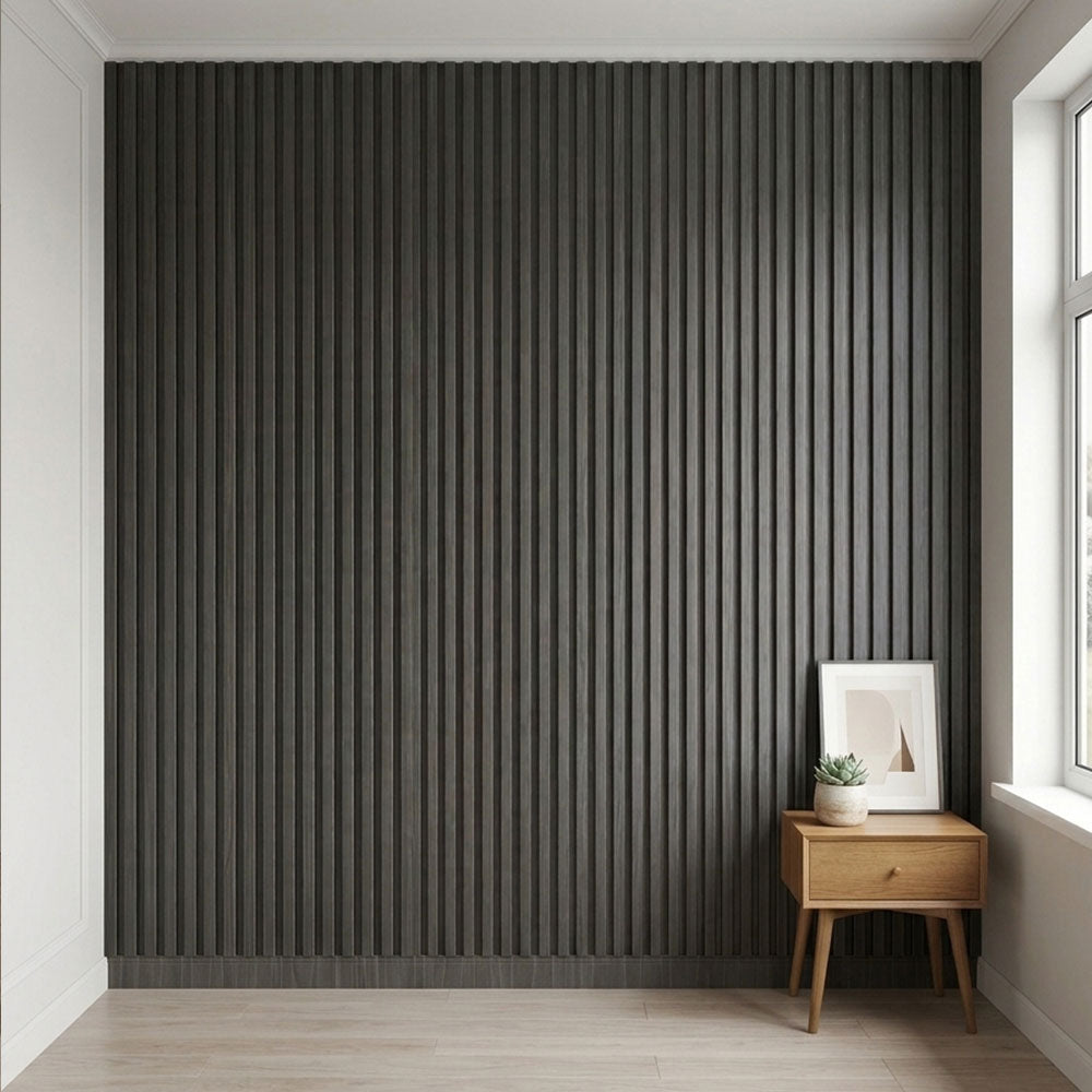 Modern room with a textured black wall and wooden side table.