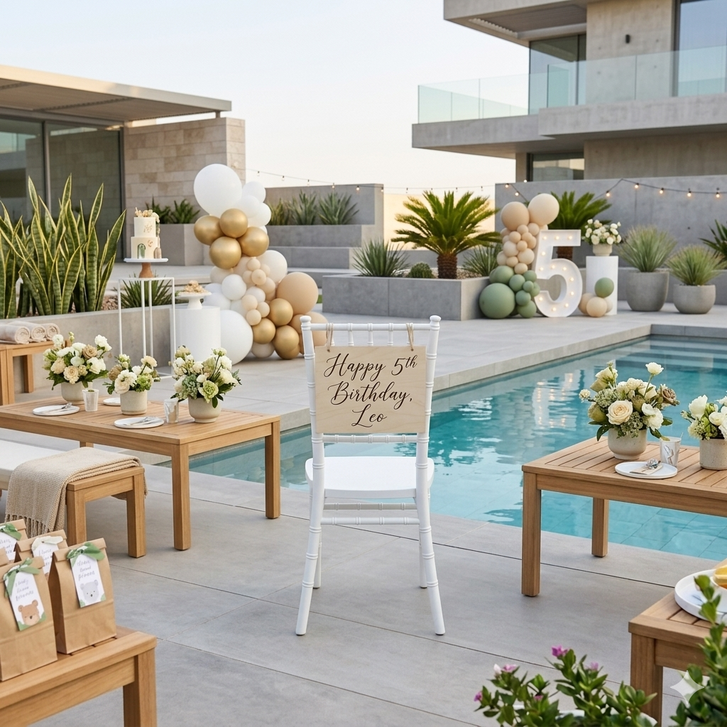 Decorated outdoor birthday setup by a pool with balloons and flowers.