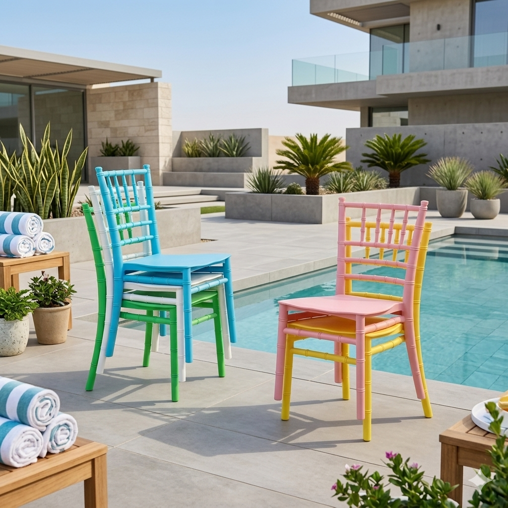 Colorful chairs by a pool with modern building and garden in the background