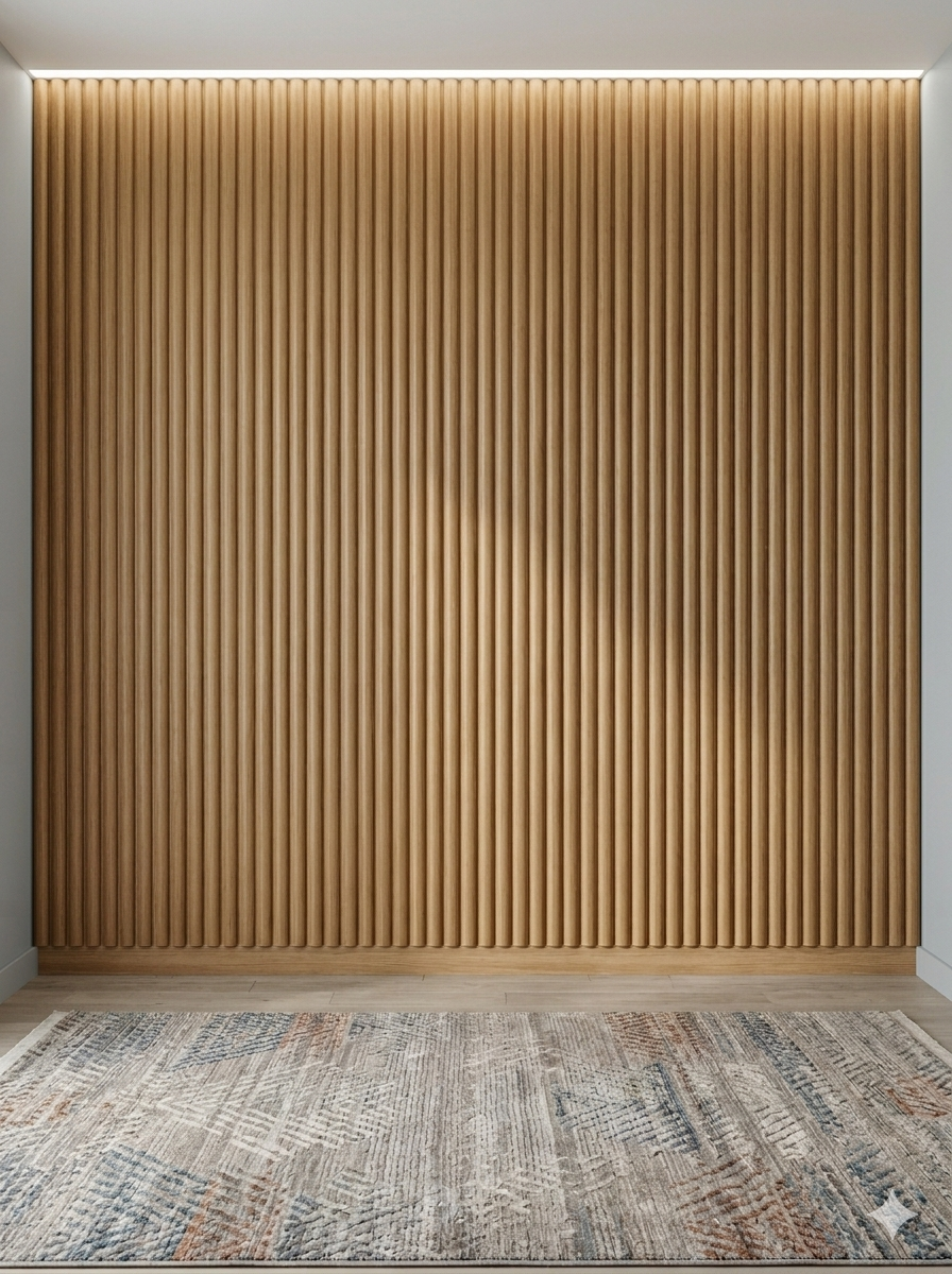 Wooden panel wall with a textured rug on the floor