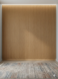 Wooden panel wall with a textured rug on the floor