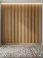 Wooden panel wall with a textured rug on the floor